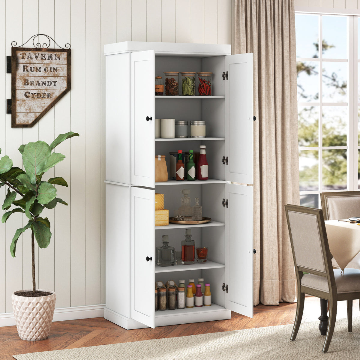 Kitchen Pantry Cabinet with 2 Adjustable Shelves and Anti-Tipping Kits for Living Room-White