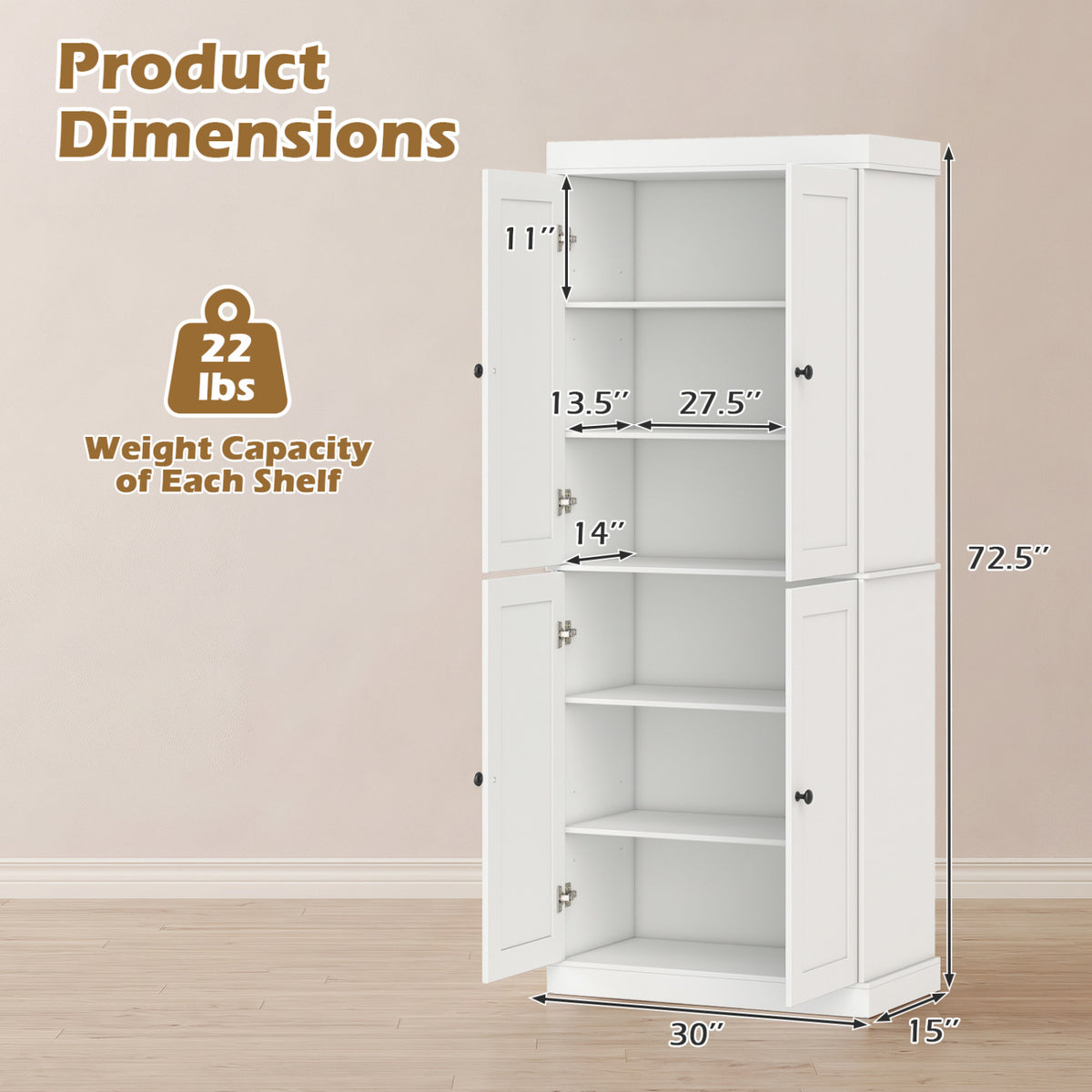 Kitchen Pantry Cabinet with 2 Adjustable Shelves and Anti-Tipping Kits for Living Room-White