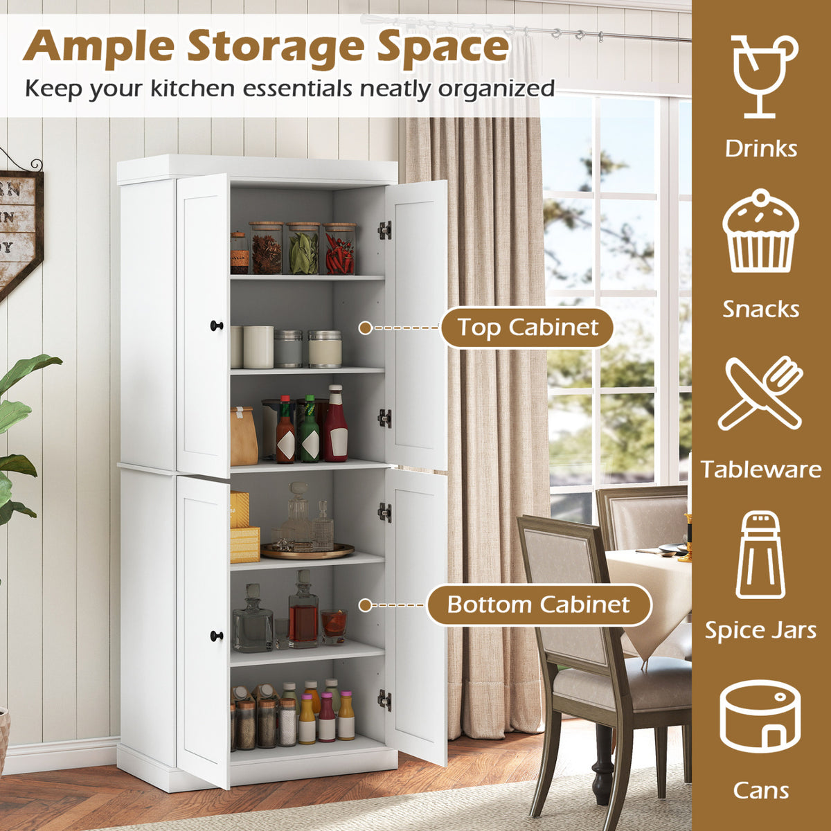 Kitchen Pantry Cabinet with 2 Adjustable Shelves and Anti-Tipping Kits for Living Room-White