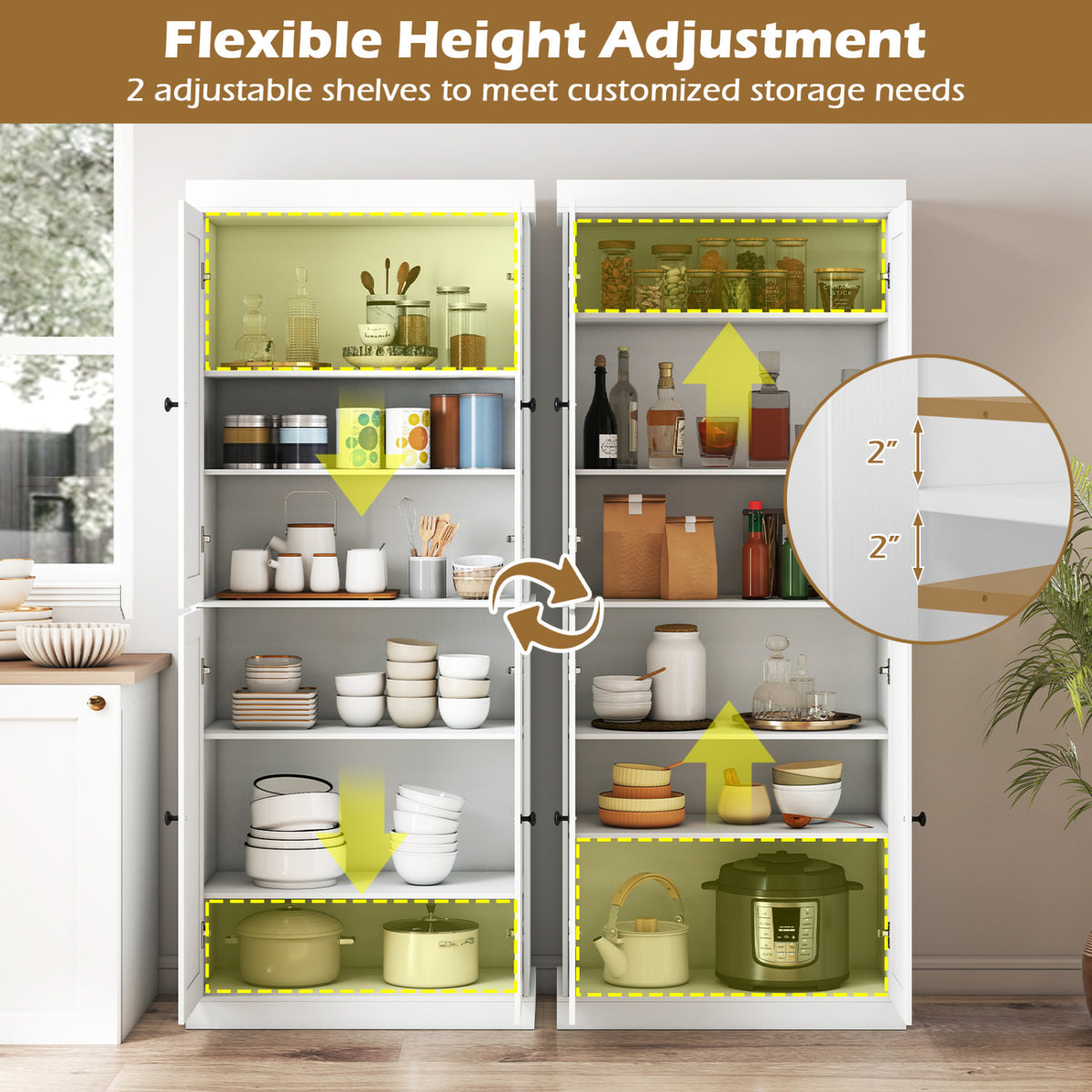 Kitchen Pantry Cabinet with 2 Adjustable Shelves and Anti-Tipping Kits for Living Room-White