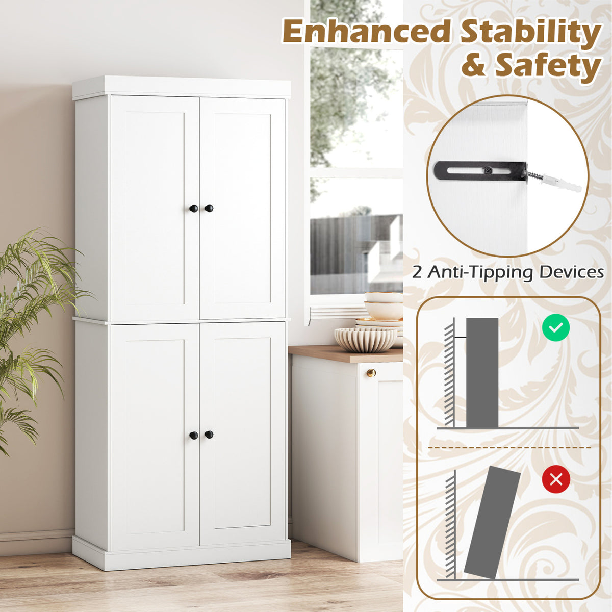 Kitchen Pantry Cabinet with 2 Adjustable Shelves and Anti-Tipping Kits for Living Room-White