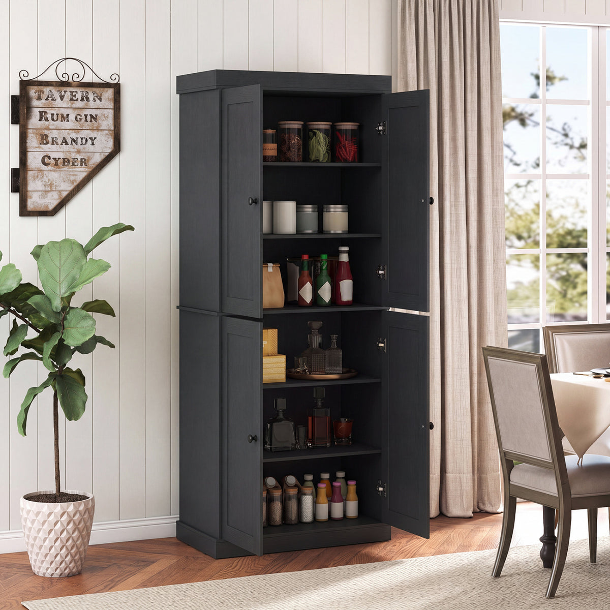 Kitchen Pantry Cabinet with 2 Adjustable Shelves and Anti-Tipping Kits for Living Room-Black