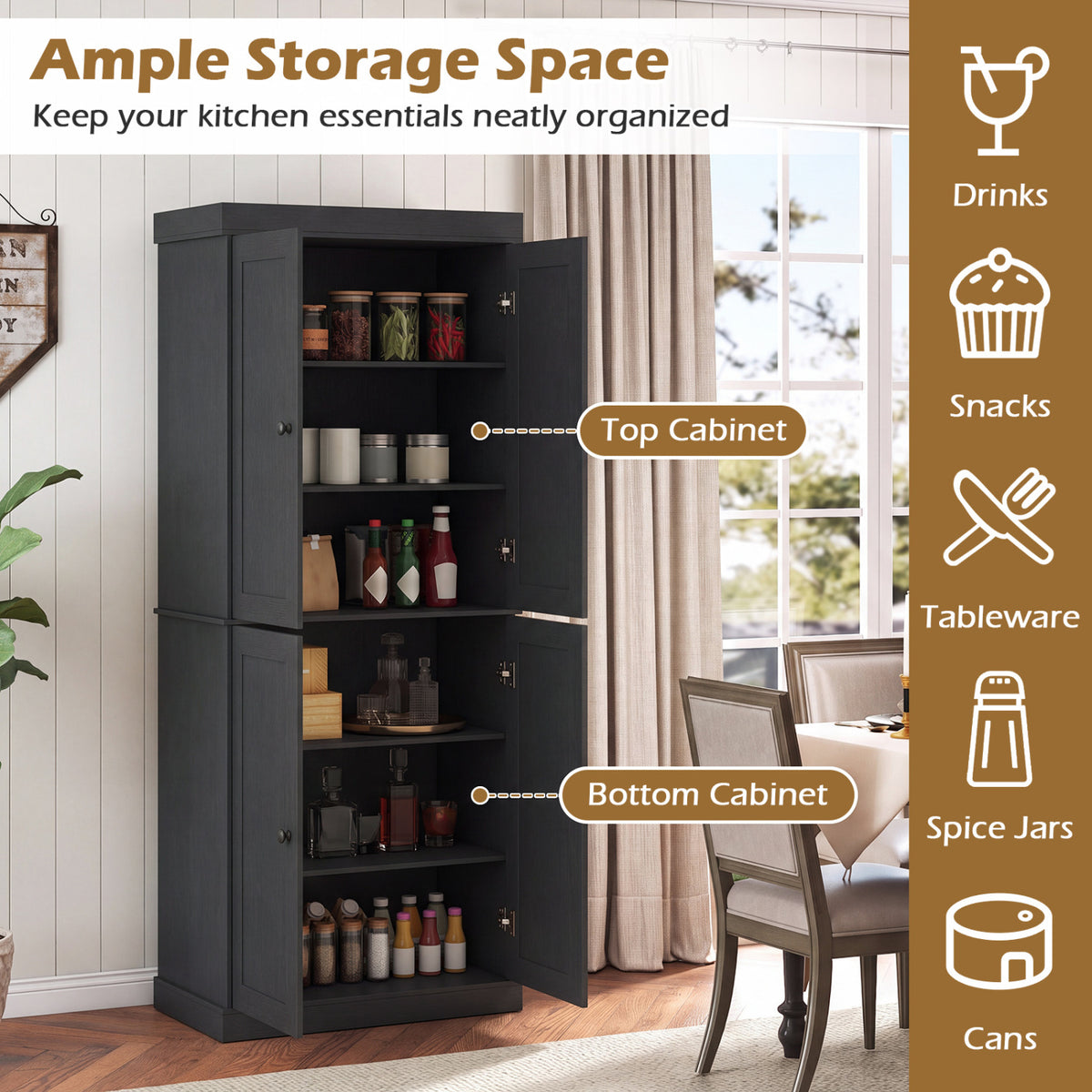 Kitchen Pantry Cabinet with 2 Adjustable Shelves and Anti-Tipping Kits for Living Room-Black