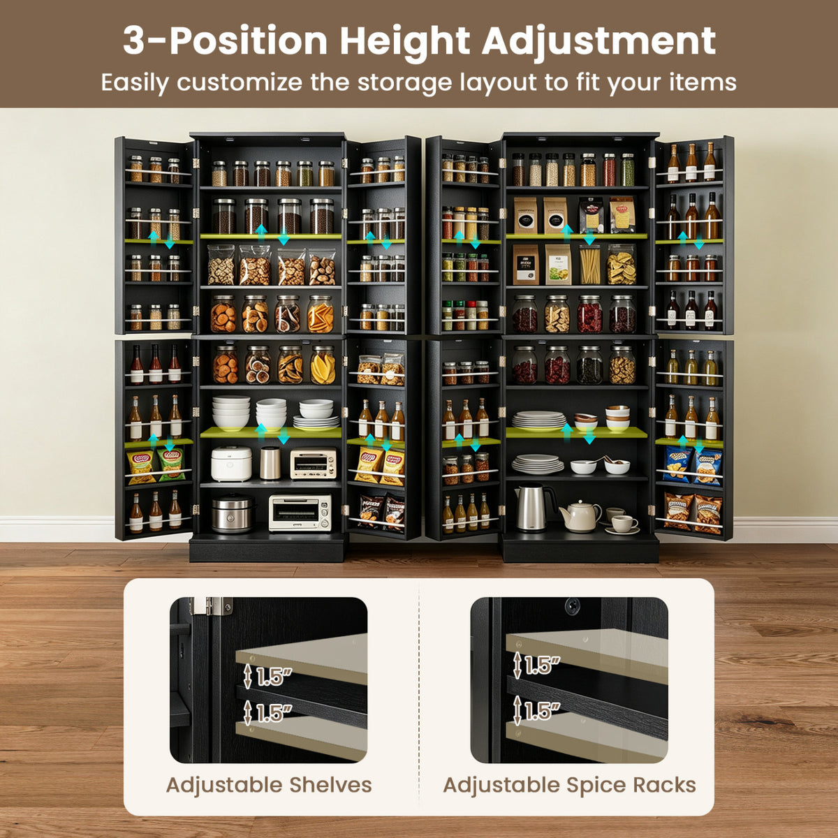 Kitchen Pantry Cabinet 65.5 Inch Freestanding Tall Buffet Cupboard-Black
