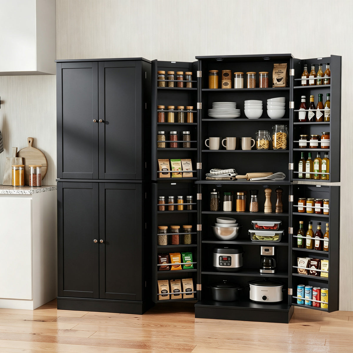 Kitchen Pantry Cabinet 65.5 Inch Freestanding Tall Buffet Cupboard-Black