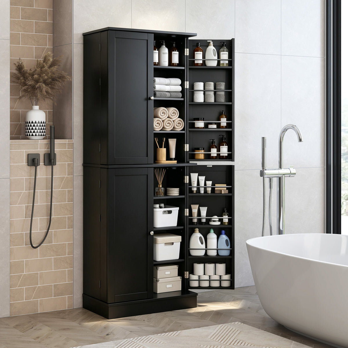 Kitchen Pantry Cabinet 65.5 Inch Freestanding Tall Buffet Cupboard-Black