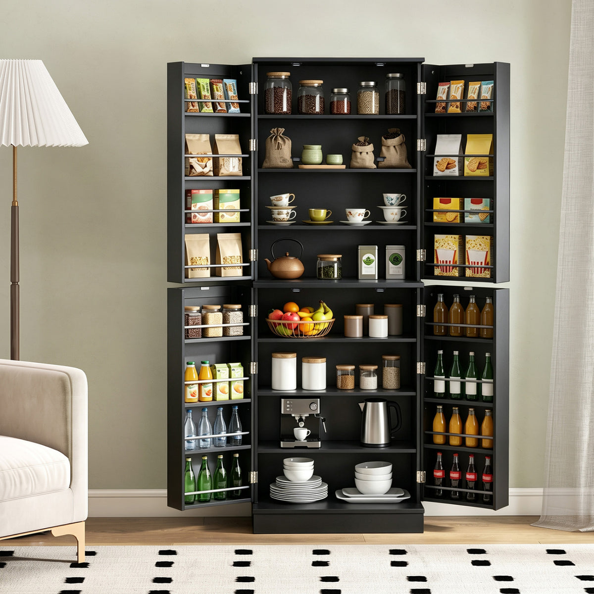 Kitchen Pantry Cabinet 65.5 Inch Freestanding Tall Buffet Cupboard-Black