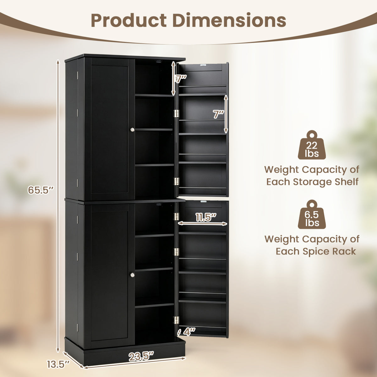 Kitchen Pantry Cabinet 65.5 Inch Freestanding Tall Buffet Cupboard-Black