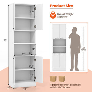 75" Kitchen Pantry Cabinet Tall Cupboard with Doors and Shelves-White