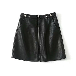 High Waist Slim Zipper A-Line PU Leather Mini Skirt