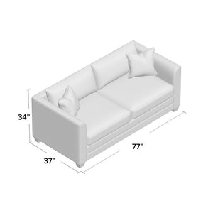A 3D-rendered image of a Kodie 76.5" Upholstered Sleeper Sofa in white, featuring two cushions. The sofa measures 34 inches in height, 77 inches in width, and 37 inches in depth, with two white throw pillows positioned at its corners.