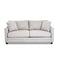 The Kodie 76.5" Upholstered Sleeper Sofa is a light gray piece featuring two seat cushions and matching back cushions, complemented by two square pillows on each side. It boasts a clean, modern design with slightly flared arms and rests on short dark wooden legs.