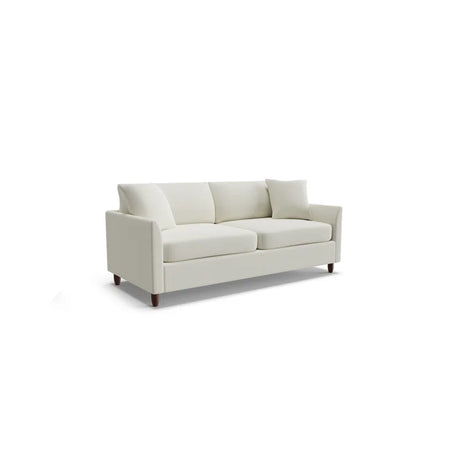 The Kodie 76.5" Upholstered Sleeper Sofa is a modern three-seater featuring a light gray fabric with clean lines and square cushions, set against a white background. It is supported by dark wooden legs.