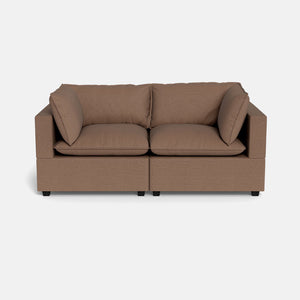 The Kova Pillow Cushion Sofa 86" is a modern brown two-seater with square armrests and two large seat cushions, displayed against a plain white background.