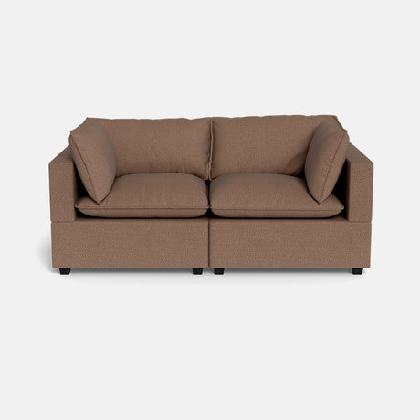 The Kova Pillow Cushion Sofa 86" is a modern brown two-seater with square armrests and two large seat cushions, displayed against a plain white background.
