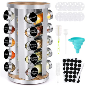 Spice Rack Organizer with Jars for Cabinet (20Pcs) Revolving/Rotating Seasoning Organizer Stainless Steel/Wooden Countertop Rack Tower Organizer for Kitchen Pantry with Reusable Labels/Funnel/Brushes