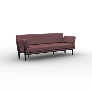 The Sofa 2.0 is a contemporary three-seater sofa adorned with pinkish-brown fabric upholstery and supported by sleek black legs. It boasts clean, straight lines and a minimalist design, all showcased against a simple black background.