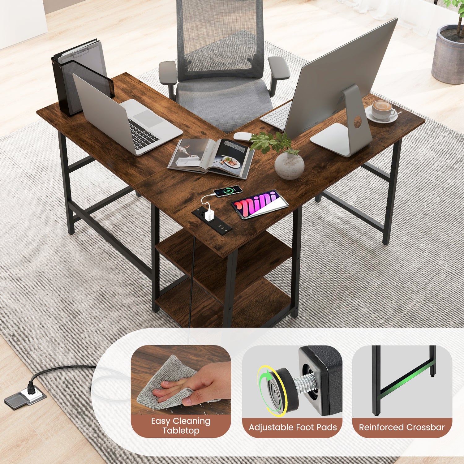L Shaped Corner Computer Desk with Storage Shelves-Brown