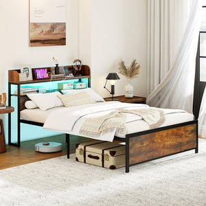 LED Bed Frame with Power Outlets and Storage Headboard-Full Size