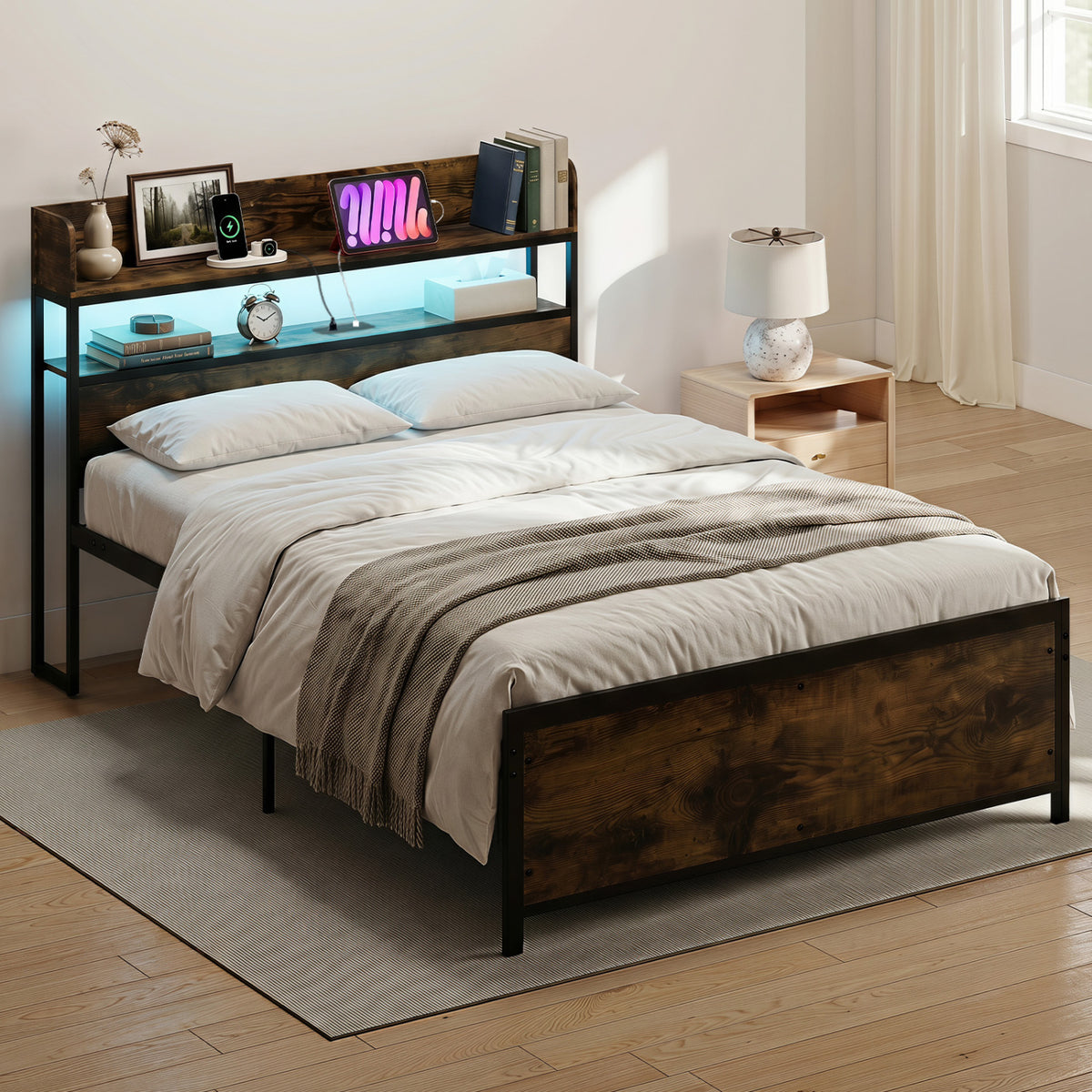 LED Bed Frame with Power Outlets and Storage Headboard-Queen Size