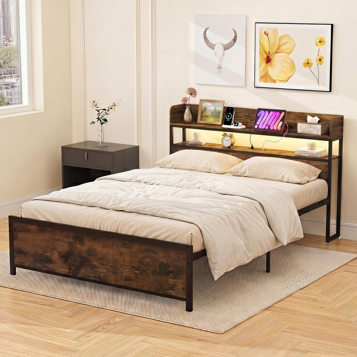 LED Bed Frame with Power Outlets and Storage Headboard-Queen Size