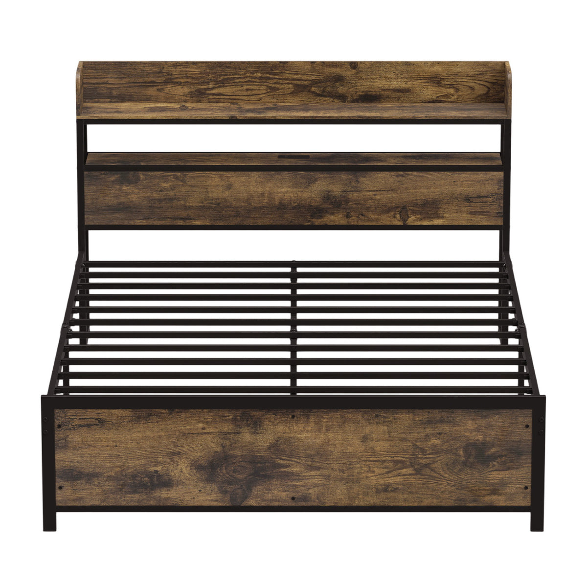 LED Bed Frame with Power Outlets and Storage Headboard-Queen Size
