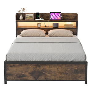 LED Bed Frame with Power Outlets and Storage Headboard-Queen Size