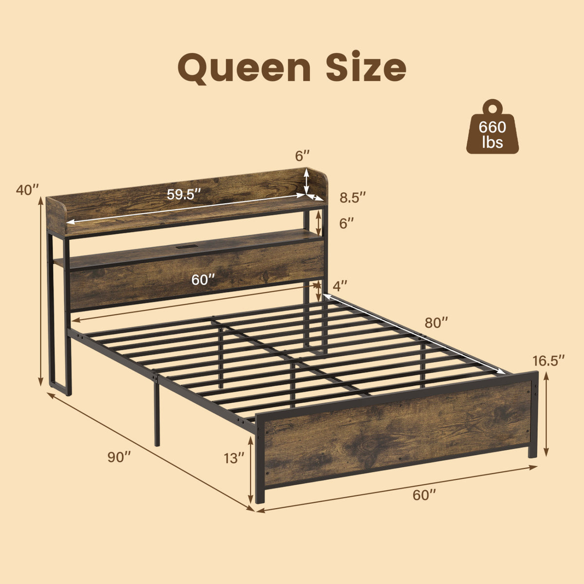 LED Bed Frame with Power Outlets and Storage Headboard-Queen Size