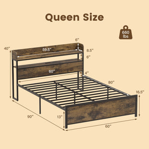 LED Bed Frame with Power Outlets and Storage Headboard-Queen Size