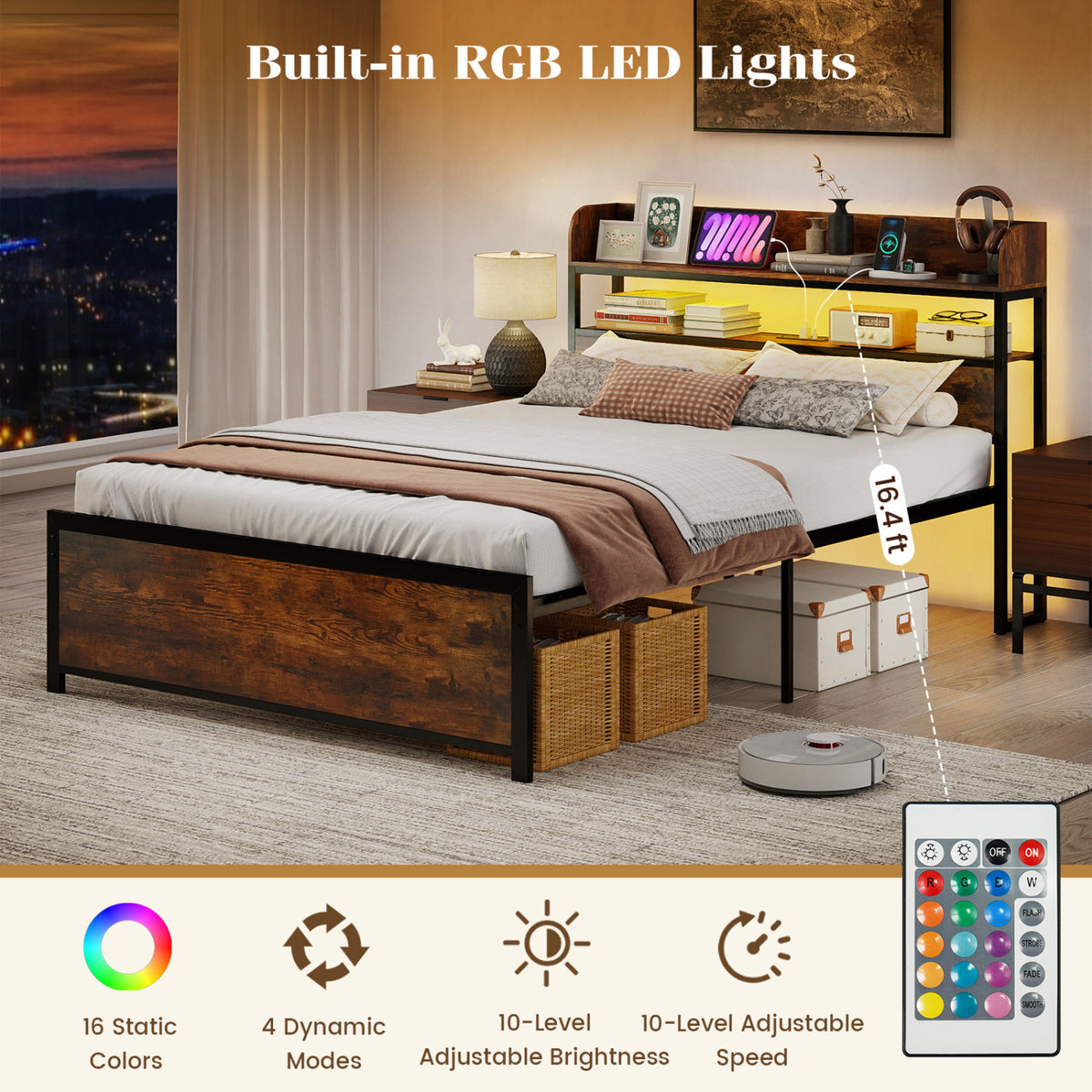 LED Bed Frame with Power Outlets and Storage Headboard-Queen Size