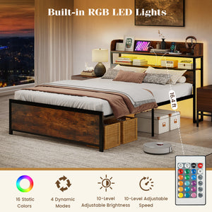 LED Bed Frame with Power Outlets and Storage Headboard-Queen Size