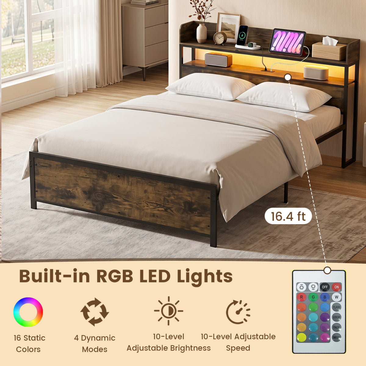 LED Bed Frame with Power Outlets and Storage Headboard-Queen Size