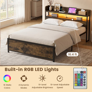 LED Bed Frame with Power Outlets and Storage Headboard-Queen Size