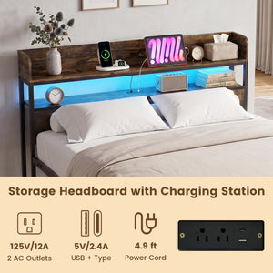 LED Bed Frame with Power Outlets and Storage Headboard-Queen Size