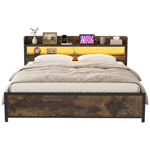 LED Bed Frame with Power Outlets and Storage Headboard-King Size