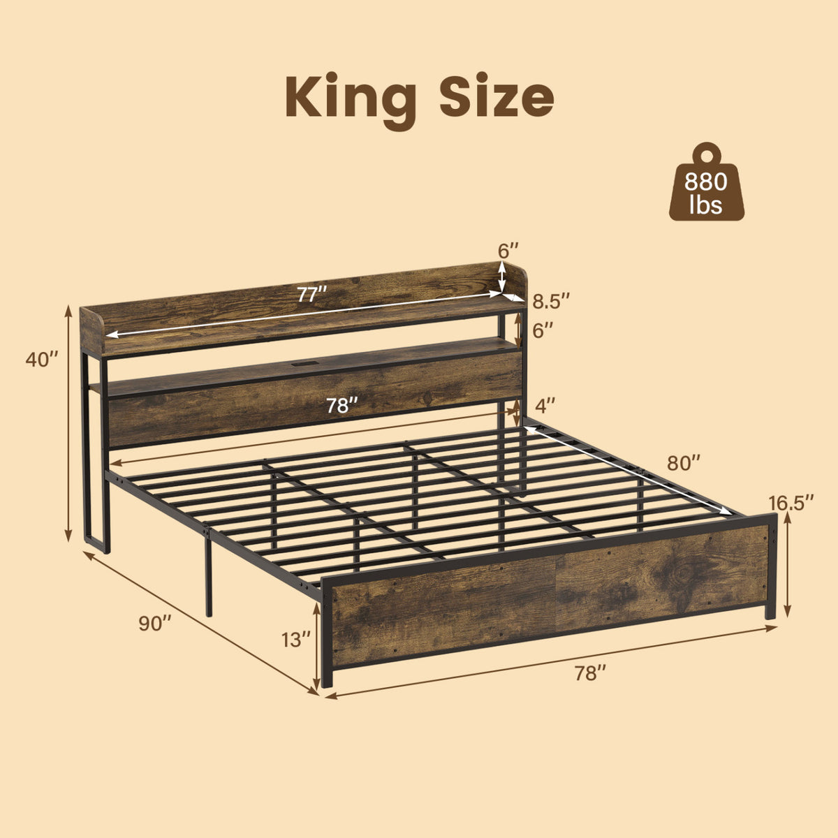 LED Bed Frame with Power Outlets and Storage Headboard-King Size