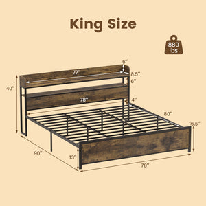 LED Bed Frame with Power Outlets and Storage Headboard-King Size