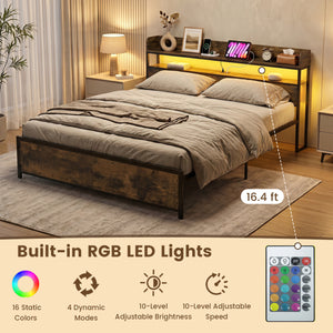 LED Bed Frame with Power Outlets and Storage Headboard-King Size