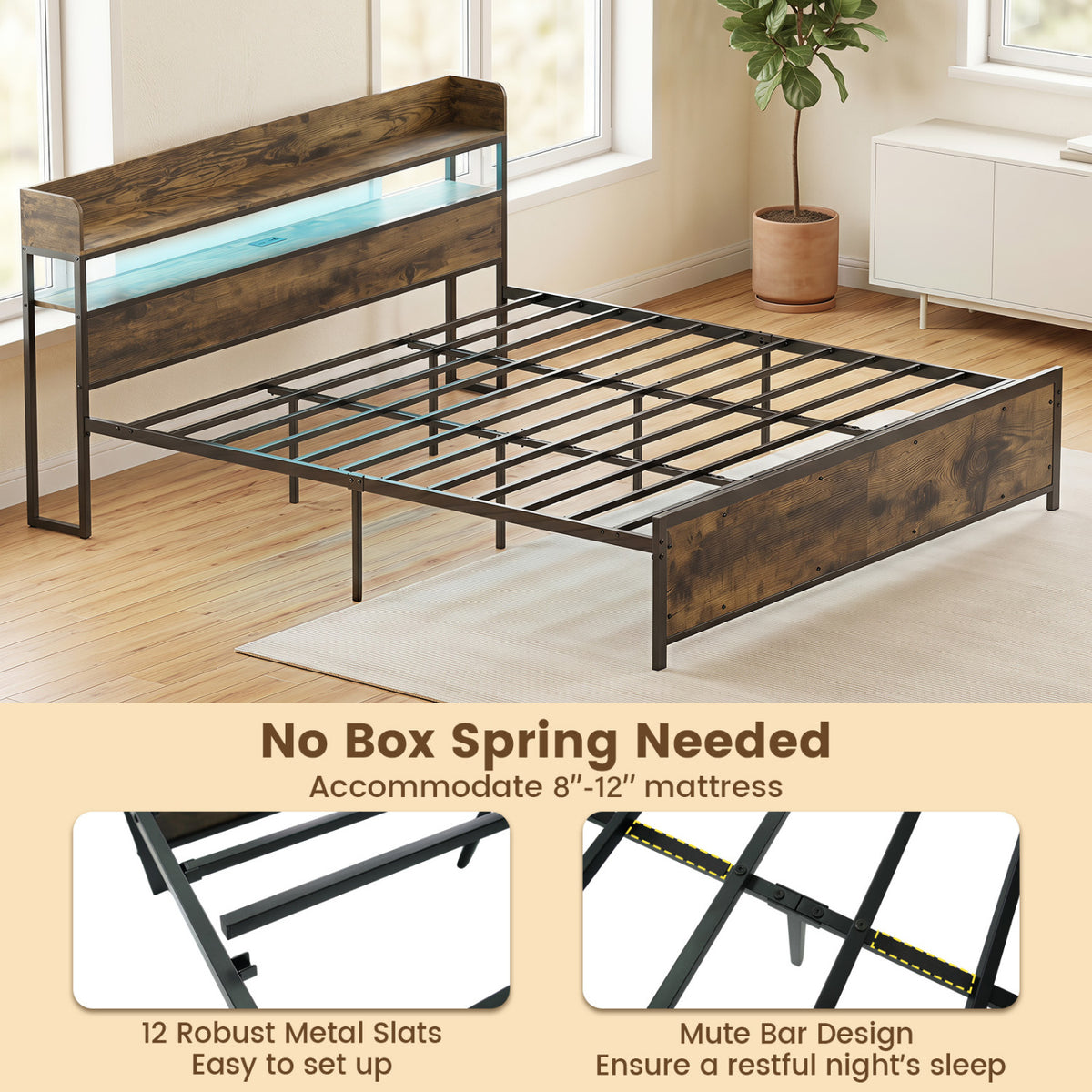 LED Bed Frame with Power Outlets and Storage Headboard-King Size