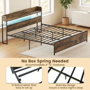 LED Bed Frame with Power Outlets and Storage Headboard-King Size