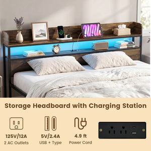 LED Bed Frame with Power Outlets and Storage Headboard-King Size