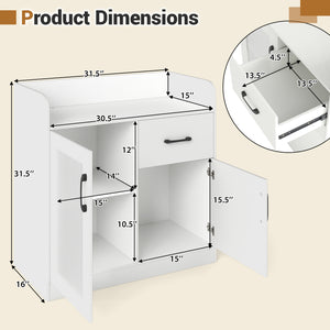 LED Buffet Sideboard with Charging Station with Drawer and Translucent Fluted Door-White