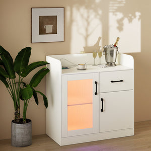 LED Buffet Sideboard with Charging Station with Drawer and Translucent Fluted Door-White