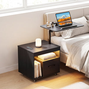 LED Nightstand with Power Outlets Modern Bedside Table with Flip over-Black