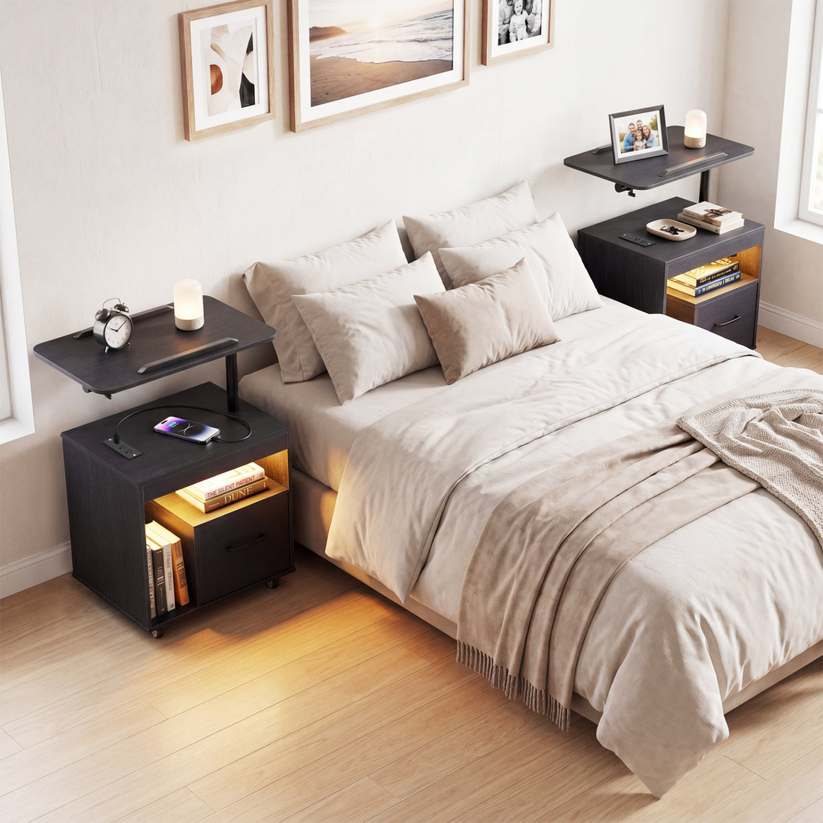 LED Nightstand with Power Outlets Modern Bedside Table with Flip over-Black