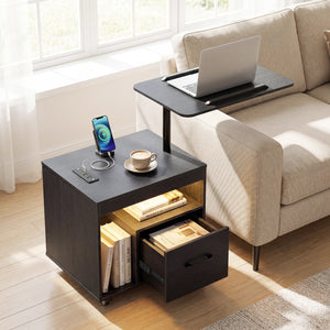 LED Nightstand with Power Outlets Modern Bedside Table with Flip over-Black