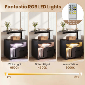 LED Nightstand with Power Outlets Modern Bedside Table with Flip over-Black