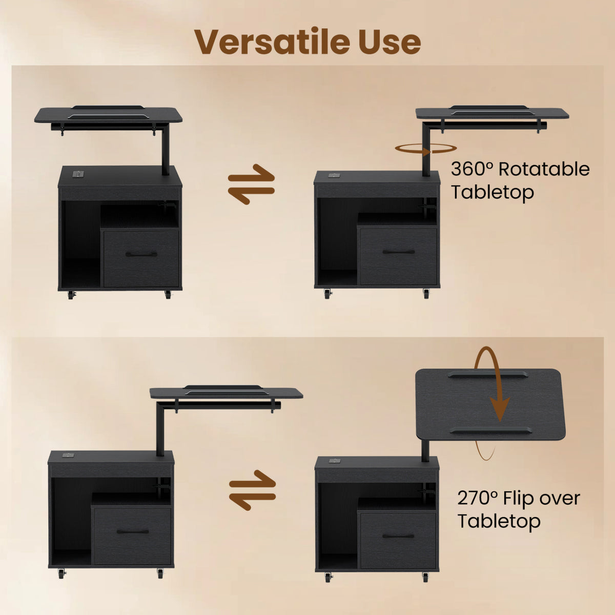LED Nightstand with Power Outlets Modern Bedside Table with Flip over-Black