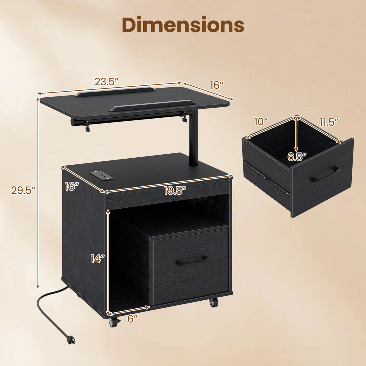 LED Nightstand with Power Outlets Modern Bedside Table with Flip over-Black