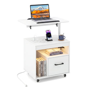 LED Nightstand with Power Outlets Modern Bedside Table with Flip over-White